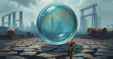 Szklana bańka z odbiciem sieci neuronowych na tle futurystycznego miasta i zardzewiałych maszyn symbolizuje bańkę AI.