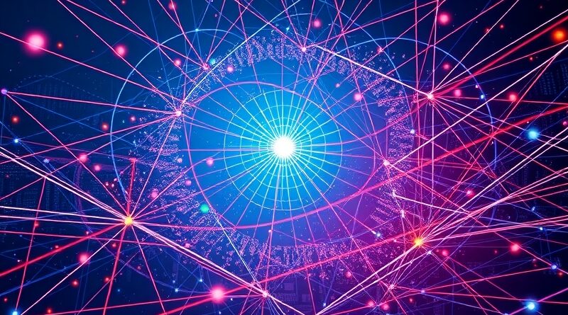 Futurystyczna sieć neuronowa symbolizująca DeepAgent, z pulsującym rdzeniem i strumieniami danych.