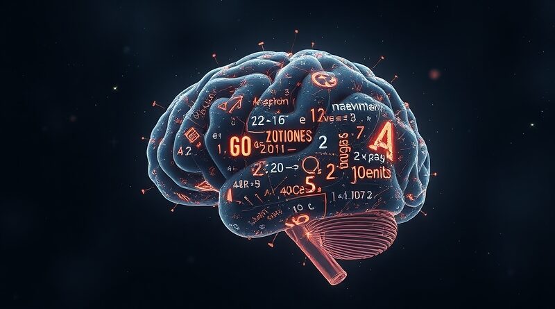Świecący mózg z symboli matematycznych w kosmosie, symbolizujący przełom sztucznej inteligencji w matematyce.