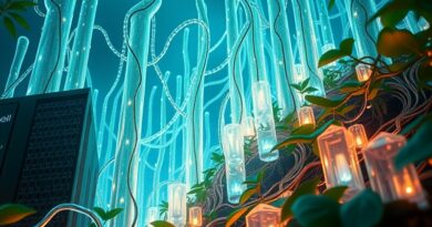 Kryształowe struktury serwerów Dell i NVIDIA splecione z bioluminescencyjnymi pnączami, symbolizujące synergię AI i natury.