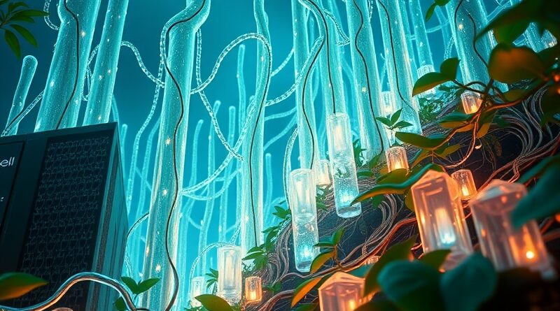 Kryształowe struktury serwerów Dell i NVIDIA splecione z bioluminescencyjnymi pnączami, symbolizujące synergię AI i natury.