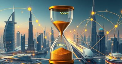 Futurystyczny Dubaj z klepsydrą "Szybkości" i "Etyki" jako metafora rządzenia AI. Złoto, błękit, neon.