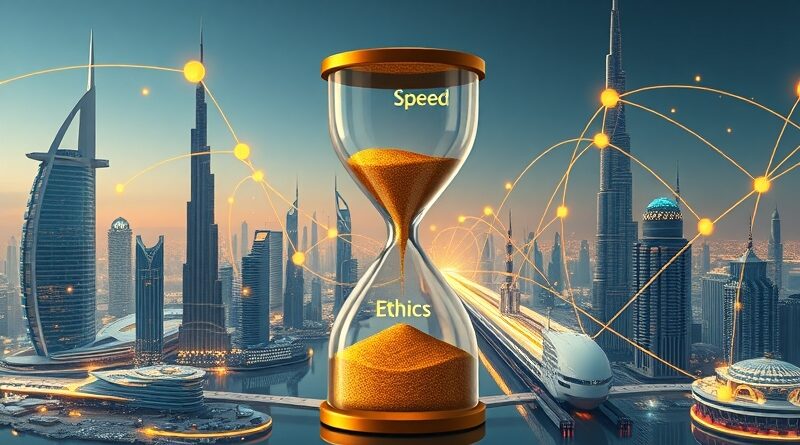 Futurystyczny Dubaj z klepsydrą "Szybkości" i "Etyki" jako metafora rządzenia AI. Złoto, błękit, neon.