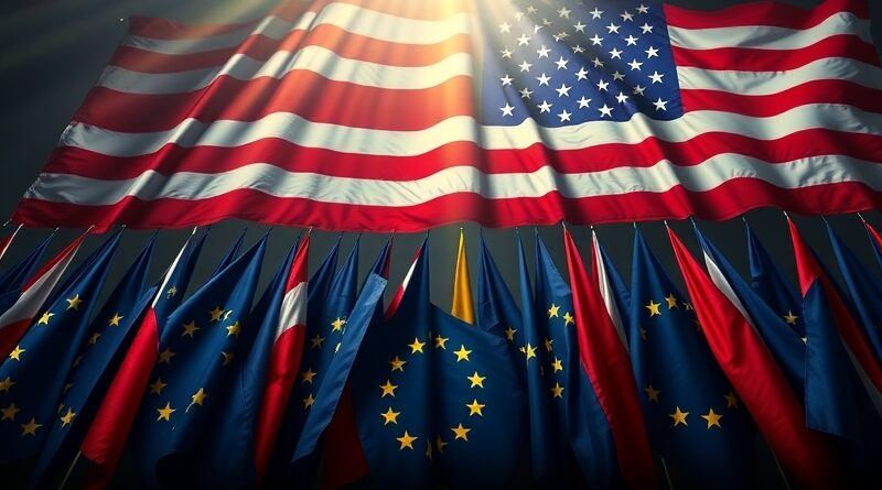 Barokowa scena: Amerykańska flaga przytłacza flagi Unii Europejskiej, symbolizując erozję regulacji technologicznych UE pod presją USA.