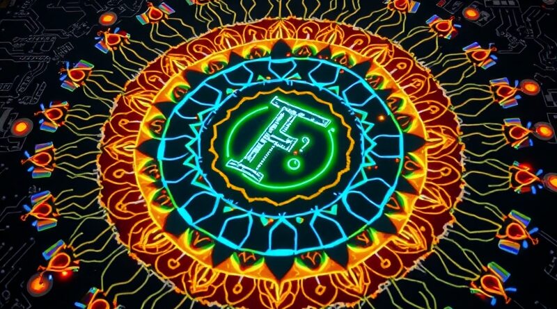 Kolorowa mandala Rangoli w stylu tech z logo Figmy, symbolizująca połączenie tradycji Indii i nowoczesnej technologii.