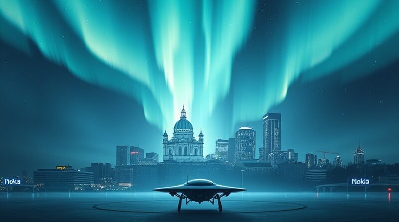 Fińska aurora nad futurystyczną Helsinkami, pojazd bezzałogowy, logo Nokii. Ilustracja NestAI, obronność, AI.