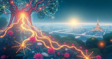 Abstrakcyjny strumień danych rozkwita w bioluminescencyjnym ogrodzie neuronowym z futurystycznym miastem na horyzoncie. Watermark "Gemini 3 Pro".