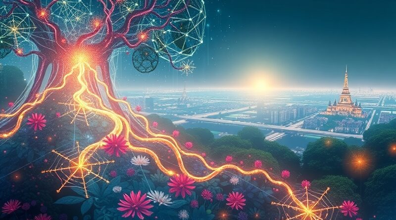 Abstrakcyjny strumień danych rozkwita w bioluminescencyjnym ogrodzie neuronowym z futurystycznym miastem na horyzoncie. Watermark "Gemini 3 Pro".