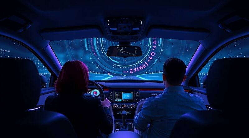 Wnętrze autonomicznego samochodu nocą, galaktyczna konsola Gemini AI w Android Auto, futurystyczna interakcja.
