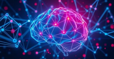 Abstrakcyjna sieć neuronowa – mózg z synapsami, przepływ danych, cyfrowa grafika, intensywne kolory, wolumetryczne światło.