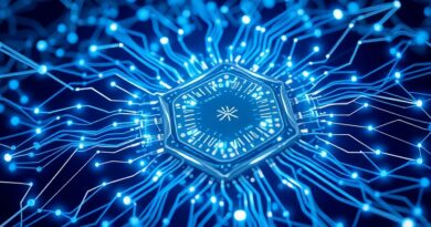 Abstrakcyjna sieć neuronowa w błękitnej poświacie, symbolizująca TPU Ironwood i instancje Axion od Google Cloud.