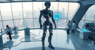 Futurystyczne laboratorium DeepMind: robot w budowie, hologram sieci neuronowej, naukowcy pracują nad AI.