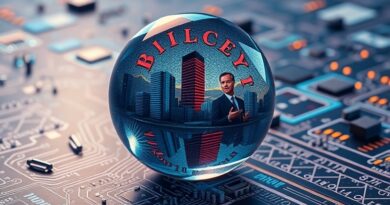 Kryształowa kula odbijająca deformacje Doliny Krzemowej, giełdy i polityki na tle obwodów drukowanych.