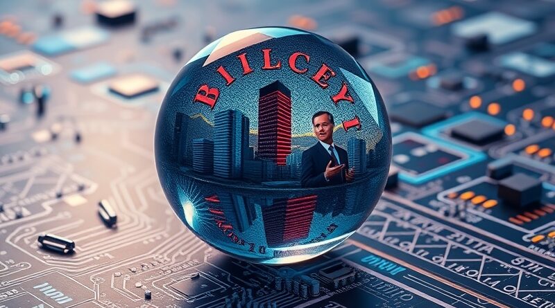 Kryształowa kula odbijająca deformacje Doliny Krzemowej, giełdy i polityki na tle obwodów drukowanych.