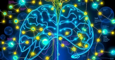 Bioluminescencyjna sieć neuronowa oświetla interaktywny diagram anatomiczny, pulsacyjne węzły z informacjami naukowymi.