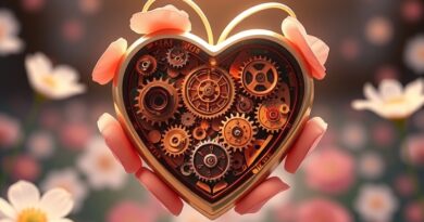 Mechaniczne serce zębate z płatkami kwiatów w pastelowych barwach, stylizowane na Studio Ghibli, symbolizujące automatyzację zadań.