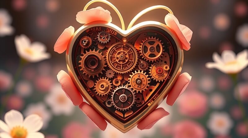 Mechaniczne serce zębate z płatkami kwiatów w pastelowych barwach, stylizowane na Studio Ghibli, symbolizujące automatyzację zadań.