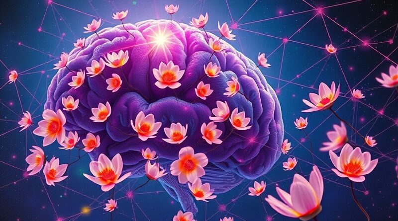 Abstrakcyjna wizja integracji AI: neuralne sieci, eteryczne kwiaty i konstelacja Bliźniąt (Gemini).