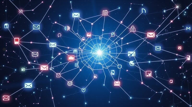 Abstrakcyjna sieć danych Workspace połączona ze światem przez Gemini, w odcieniach indygo i błękitu.