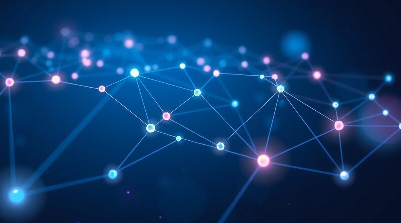 Futurystyczna sieć połączonych węzłów w kosmicznej pustce, symbolizująca przepływy pracy oparte na sztucznej inteligencji.