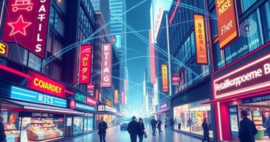 Futurystyczne miasto zakupów z AI: cyfrowe połączenia, asystent AI, płynne transakcje.