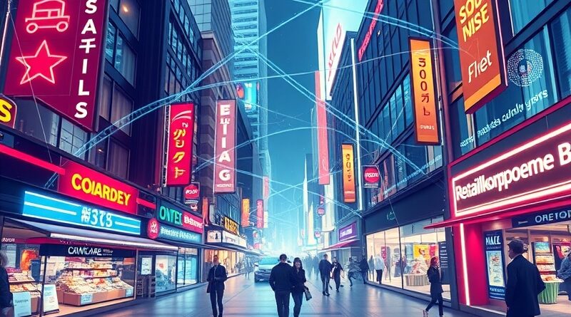 Futurystyczne miasto zakupów z AI: cyfrowe połączenia, asystent AI, płynne transakcje.