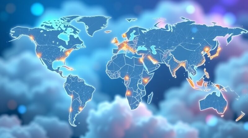 Globalna sieć AI Opal od Google: świecące punkty łączące mapę świata, symbol no-code i łatwości użycia.