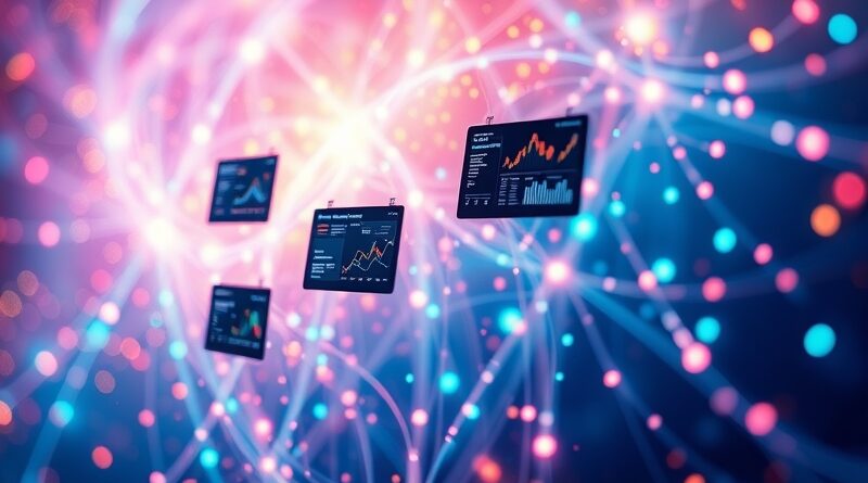 Abstrakcyjna wizja Creative Canvas Gemini: interaktywne aplikacje unoszące się w strumieniu danych, malowane cyfrowo.