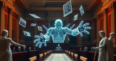 AI oskarżona w sądzie. Hologramy szkalujących artykułów wirują wokół miniaturowej senatorki, obserwowane przez alegorie Prawdy i Sprawiedliwości.