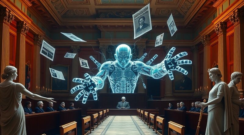 AI oskarżona w sądzie. Hologramy szkalujących artykułów wirują wokół miniaturowej senatorki, obserwowane przez alegorie Prawdy i Sprawiedliwości.