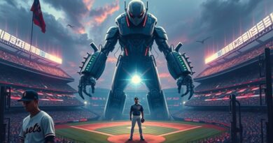 Surrealistyczny robot Elon Musk nad stadionem baseballowym; Ohtani stawia opór. Technologia kontra sport.
