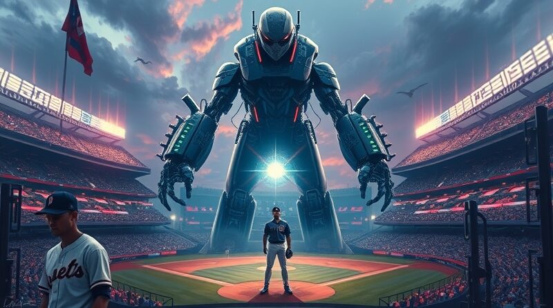 Surrealistyczny robot Elon Musk nad stadionem baseballowym; Ohtani stawia opór. Technologia kontra sport.