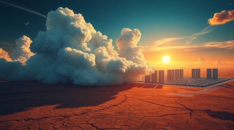 Surrealistyczny pejzaż: chmury ze studolarówek nad spękaną ziemią i farmami serwerów, symbolizujący koszt ekspansji AI.