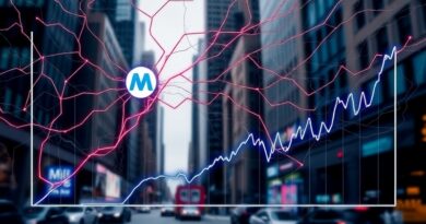 Sieć neuronowa splata się z logo Meta, przechodząc w wykres spadkowy. Tło: Wall Street, niepokój inwestorów.