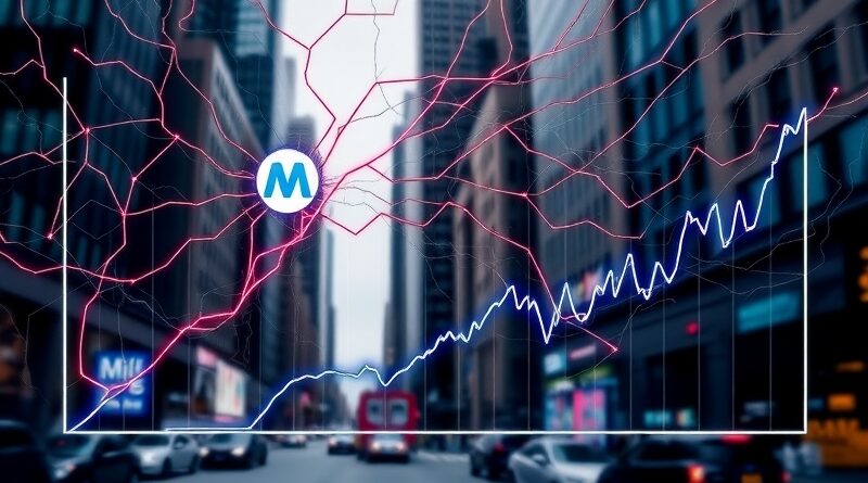 Sieć neuronowa splata się z logo Meta, przechodząc w wykres spadkowy. Tło: Wall Street, niepokój inwestorów.