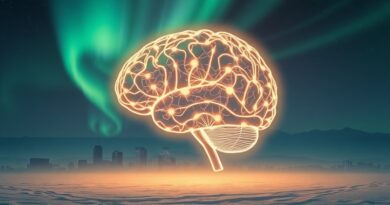 Mózg ze świecących run, symbolizujący innowacje Lovable spoza Doliny Krzemowej, na tle Helsinek i zorzy polarnej.