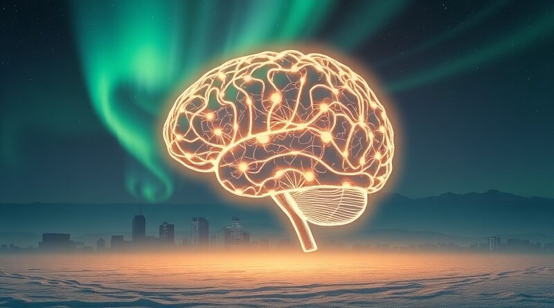 Mózg ze świecących run, symbolizujący innowacje Lovable spoza Doliny Krzemowej, na tle Helsinek i zorzy polarnej.