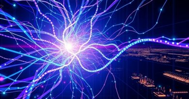 Sieć neuronowa w krystalicznej strukturze data center, energetyczne strumienie, odcienie błękitu, fioletu, złota i zieleni.