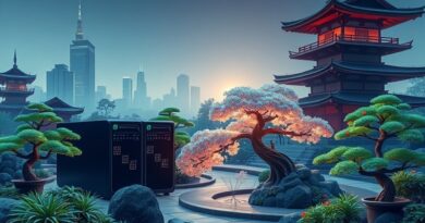 Futurystyczny ogród japoński z cyfrowymi bonsai i serwerami, symbolizujący lekką AI w korporacjach.