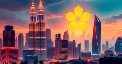 Futurystyczna Kuala Lumpur neonami i hologramami symbolizuje dominację Malezji w inwestycjach AI w Azji Południowo-Wschodniej.