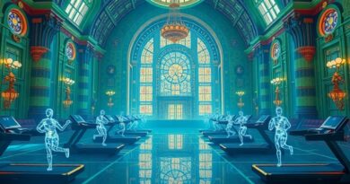 Surrealistyczna siłownia dla modeli językowych. Translucentne figury trenują w architektonicznym, cyfrowym śnie.