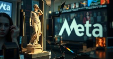 Rozbite lustro odbija zniekształcone obrazy: rzeźba, pikselowy film porno i logo Meta. Koncepcja prawdy i percepcji.