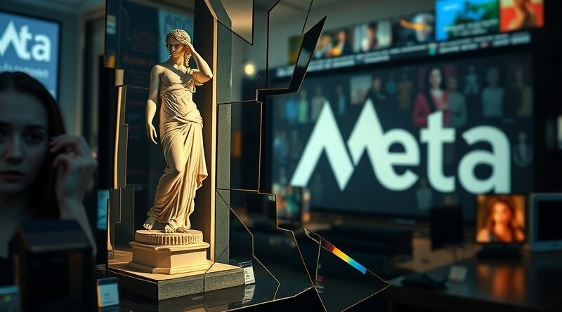 Rozbite lustro odbija zniekształcone obrazy: rzeźba, pikselowy film porno i logo Meta. Koncepcja prawdy i percepcji.