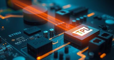 Abstrakcyjna płyta główna, ścieżki światła do TPU Google przyćmiewają GPU Nvidii. Rywalizacja na rynku AI.