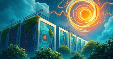 Abstrakcyjne centrum danych pulsuje energią, splecione z zielenią, zasilane wirującym, kolorowym vorteksem.