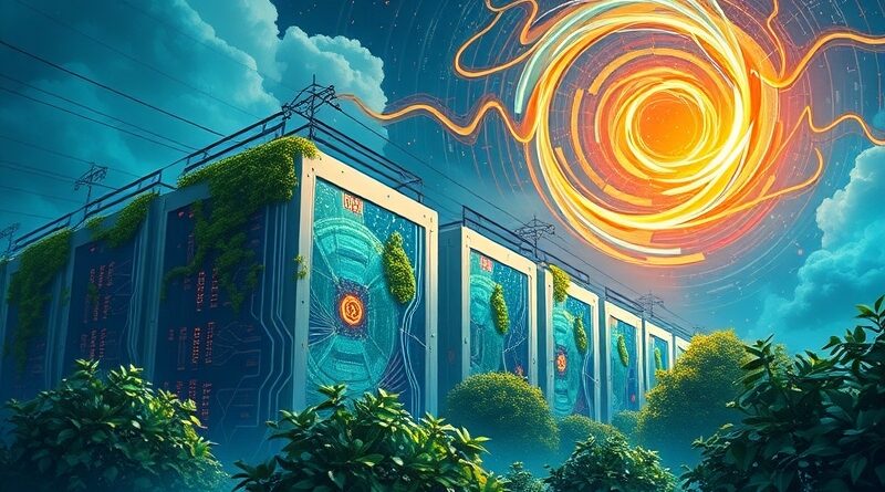 Abstrakcyjne centrum danych pulsuje energią, splecione z zielenią, zasilane wirującym, kolorowym vorteksem.