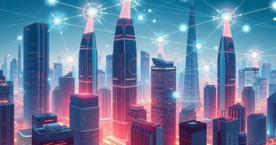 Futurystyczne miasto z sieciami neuronowymi łączącymi drapacze chmur, symbolizuje integrację agentów AI w środowisko 365.