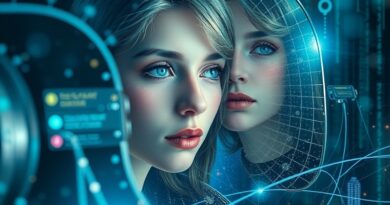 Eteryczne portret osoby patrzącej w futurystyczne lustro. Odbicie to interpretacja AI przyszłego wyglądu.