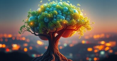 Abstrakcyjny, cyfrowy mózg spleciony z drzewem wiedzy w futurystycznym, ciepłym krajobrazie.