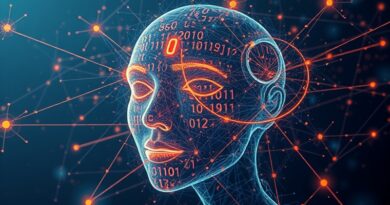 Eteryczna twarz z kodu binarnego na tle sieci neuronowej, symbol AI i emocji.